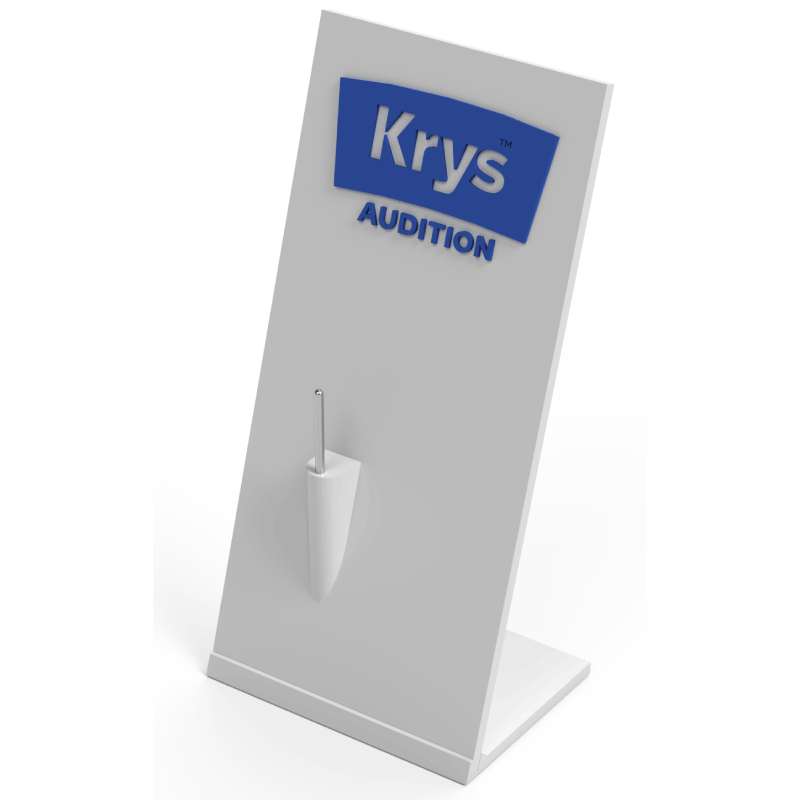 Rendu 3D du support PLV Krys Audition avec socle à poser, vue de face